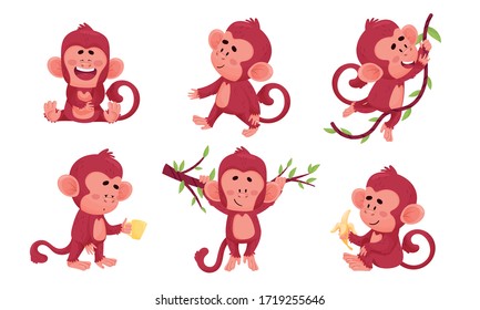 Funny Cartoon Monkey Swinging on Liana and Laughing Vector Set