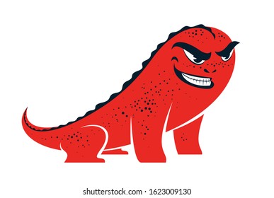 Funny cartoon monster with angry sneering face vector smile illustration isolated on white, facial expression illustration.