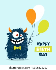 Funny cartoon monster with balloons. Happy birthday cute design. Vector illustration