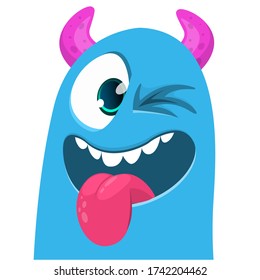 Funny cartoon monster blinking with one eye. Vector Halloween illustration.