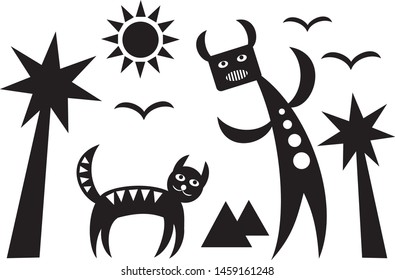 Funny cartoon monster and cartoon cat on a background of palm trees, sun and birds. Vector graphics.