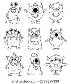 Funny cartoon monster character. Coloring Page. Cute monsters for halloween. Happy creature or alien. Hand drawn style. Vector drawing. Collection of design elements.