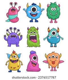 Funny cartoon monster character. Cute monsters for halloween. Happy creature or alien. Hand drawn style. Vector drawing. Collection of design elements.