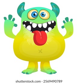 Funny cartoon monster character design showing long tongue. Illustration of cute and happy creature design for Halloween party decoration or package design.