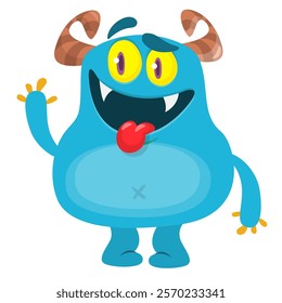 Funny cartoon monster character design showing long tongue. Illustration of cute and happy creature design for Halloween party decoration or package design.