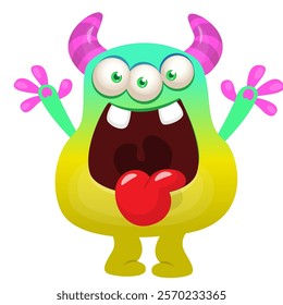 Funny cartoon monster character design showing long tongue. Illustration of cute and happy creature design for Halloween party decoration or package design.