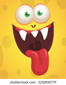 Funny cartoon monster character face expression showing long tongue. Illustration of cute and happy alien creature. Halloween design.