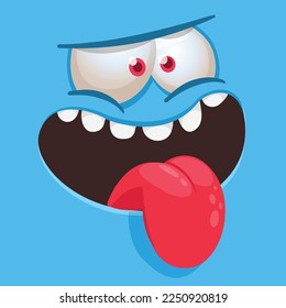 Funny cartoon monster character face expression showing long tongue. Illustration of cute and happy alien creature. Halloween design.