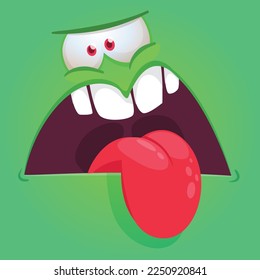 Funny cartoon monster character face expression showing long tongue. Illustration of cute and happy alien creature. Halloween design.