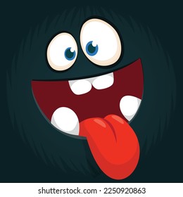 Funny cartoon monster character face expression showing long tongue. Illustration of cute and happy alien creature. Halloween design.