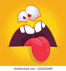 Funny cartoon monster character face expression showing long tongue. Illustration of cute and happy alien creature. Halloween design.