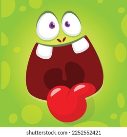 Funny cartoon monster character face expression showing long tongue. Illustration of cute and happy alien creature. Halloween design.