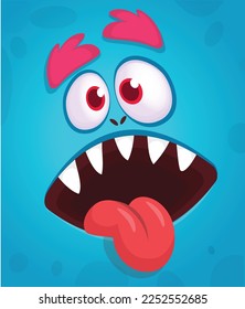 Funny cartoon monster character face expression showing long tongue. Illustration of cute and happy alien creature. Halloween design.