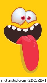 Funny cartoon monster character face expression showing long tongue. Illustration of cute and happy alien creature. Halloween design.