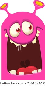 Funny cartoon monster character face expression. Illustration of cute and happy creature design for Halloween party decoration or package design.