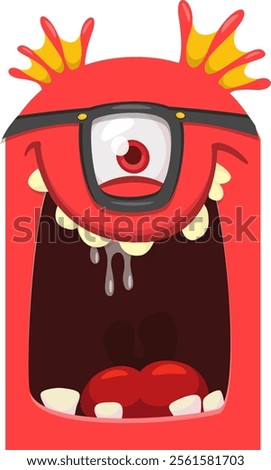 Funny cartoon monster character face expression. Illustration of cute and happy creature design for Halloween party decoration or package design.