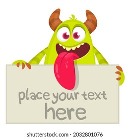 Funny cartoon monster character holding blank paper sheet or board for text. Illustration of happy alien creature. Halloween party design. Vector isolated