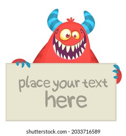 Funny cartoon monster character holding blank paper sheet or board for text. Illustration of happy alien creature. Halloween party design. Vector isolated