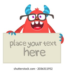 Funny cartoon monster character holding blank paper sheet or board for text. Illustration of happy alien creature. Halloween party design. Vector isolated