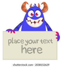 Funny cartoon monster character holding blank paper sheet or board for text. Illustration of happy alien creature. Halloween party design. Vector isolated