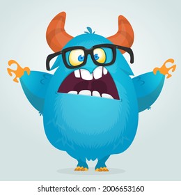 Funny cartoon monster character. Illustration of cute and happy bigfoot yeti creature. Halloween design. Great for party decoration, poster or package design