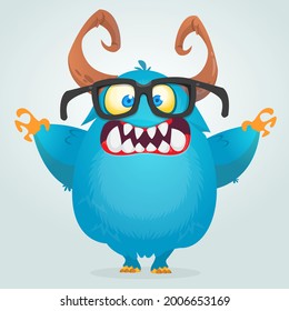Funny cartoon monster character. Illustration of cute and happy bigfoot yeti creature. Halloween design. Great for party decoration, poster or package design