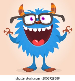 Funny cartoon monster character. Illustration of cute and happy bigfoot yeti creature. Halloween design. Great for party decoration, poster or package design