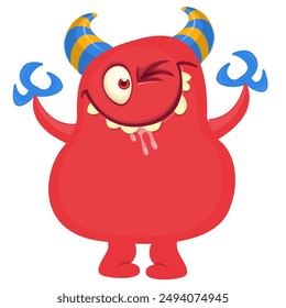 Funny cartoon monster character. Illustration of cute and happy alien creature for Halloween party decoration or package design. Vector isolated.