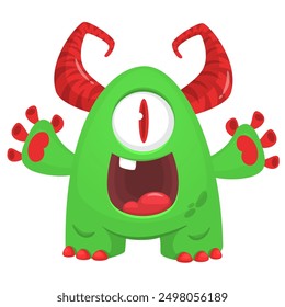 Funny cartoon monster character. Illustration of cute and happy alien creature for Halloween party decoration or package design. Vector isolated.