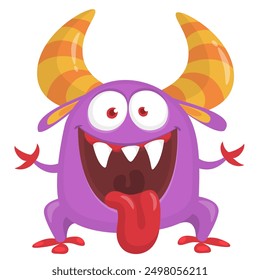 Funny cartoon monster character. Illustration of cute and happy alien creature for Halloween party decoration or package design. Vector isolated.