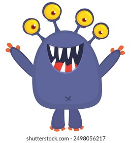 Funny cartoon monster character. Illustration of cute and happy alien creature for Halloween party decoration or package design. Vector isolated.