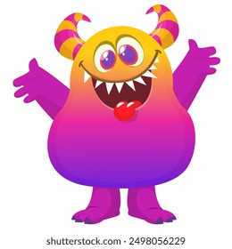 Funny cartoon monster character. Illustration of cute and happy alien creature for Halloween party decoration or package design. Vector isolated.