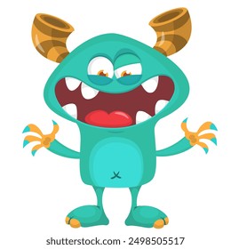 Funny cartoon monster character. Illustration of cute and happy alien creature for Halloween party decoration or package design. Vector isolated.