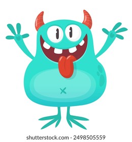 Funny cartoon monster character. Illustration of cute and happy alien creature for Halloween party decoration or package design. Vector isolated.