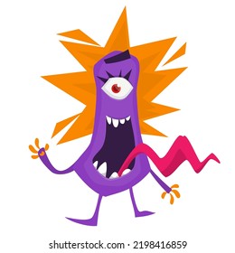 Funny cartoon monster character with longue tongue. Illustration of cute and happy mythical alien creature. Halloween design.