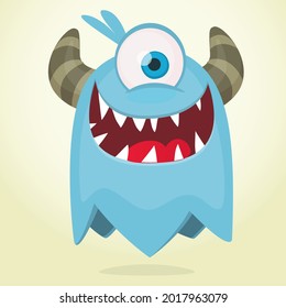 Funny cartoon monster character with one eye. Illustration of cute and happy mythical alien creature cyclops. Halloween design.