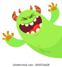 Funny cartoon monster character pop up and showing tongue. Illustration of happy mythical alien creature. Halloween party design. Vector isolated