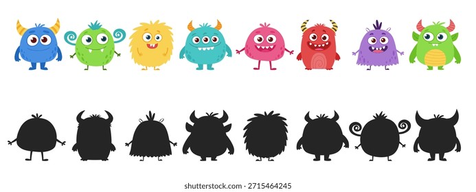 Divertido juego de personajes de monstruos de dibujos animados con Variantes de color y siluetas para Game UI y diseño infantil.