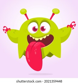 Funny cartoon monster character showing tongue. Illustration of cute and happy mythical alien creature. Halloween design. 