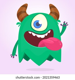 Funny cartoon monster character showing tongue. Illustration of cute and happy mythical alien creature. Halloween design. 