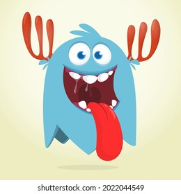 Funny cartoon monster character showing tongue. Illustration of cute and happy mythical alien creature. Halloween design. 