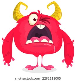 Funny cartoon monster character with sour grimase face expression