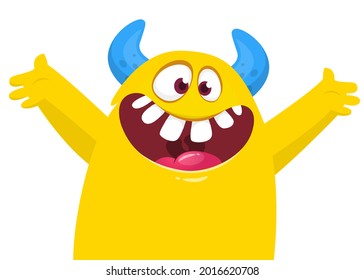 Funny cartoon monster character waving hands. Vector illustration