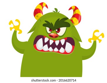 Funny cartoon monster character waving hands. Illustration of cute and happy mythical alien creature. Halloween design. Great for party decoration or package design