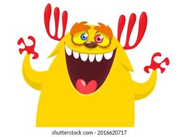 Funny cartoon monster character waving hands. Illustration of cute and happy mythical alien creature. Halloween design. Great for party decoration or package design