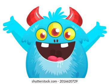 Funny cartoon monster character waving hands. Illustration of cute and happy mythical alien creature. Halloween design. Great for party decoration or package design