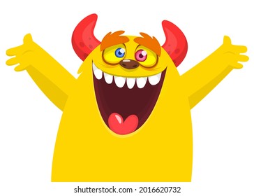 Funny cartoon monster character waving hands. Illustration of cute and happy mythical alien creature. Halloween design. Great for party decoration or package design