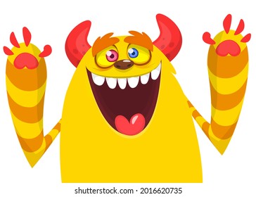 Funny cartoon monster character waving hands. Illustration of cute and happy mythical alien creature. Halloween design. Great for party decoration or package design