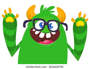 Funny cartoon monster character waving hands. Illustration of cute and happy mythical alien creature. Halloween design. Great for party decoration or package design