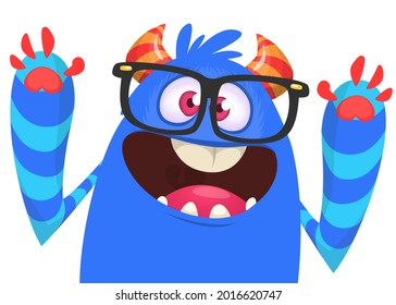Funny cartoon monster character waving hands. Illustration of cute and happy mythical alien creature. Halloween design. Great for party decoration or package design